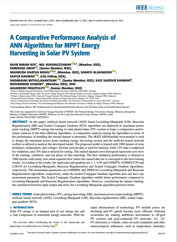 A Comparative Performance Analysis of ANN Algorithms for MPPT Energy Harvesting in Solar PV System