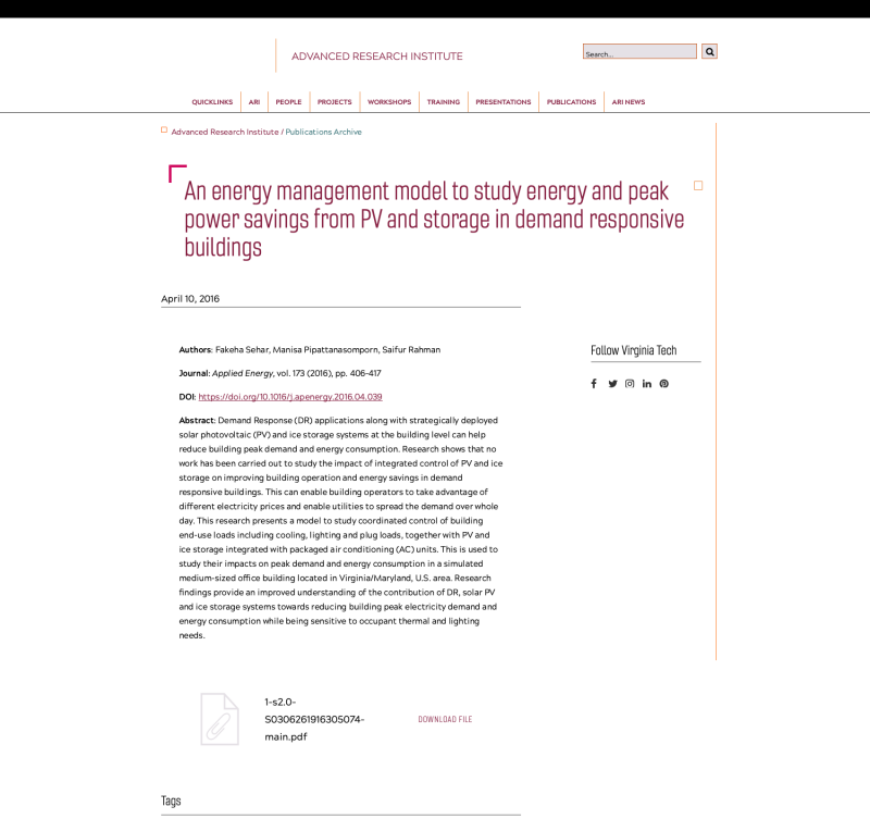 An energy management model to study energy and peak power savings from PV and storage in demand responsive buildings