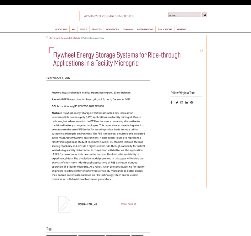 Flywheel Energy Storage Systems for Ride-through Applications in a Facility Microgrid