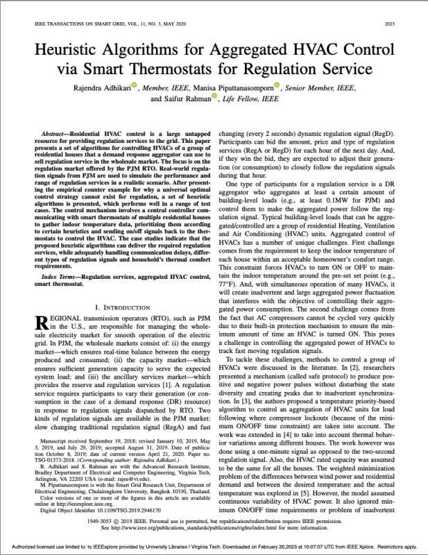 Heuristic Algorithms for Aggregated HVAC Control via Smart Thermostats for Regulation Services