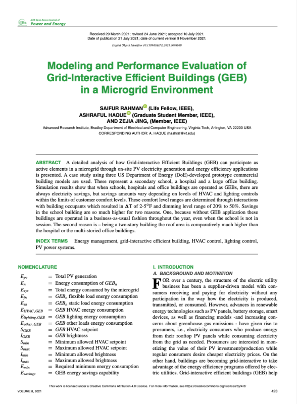 Modeling and Performance Evaluation of Grid-Interactive Efficient Buildings (GEB) in a Microgrid Environment